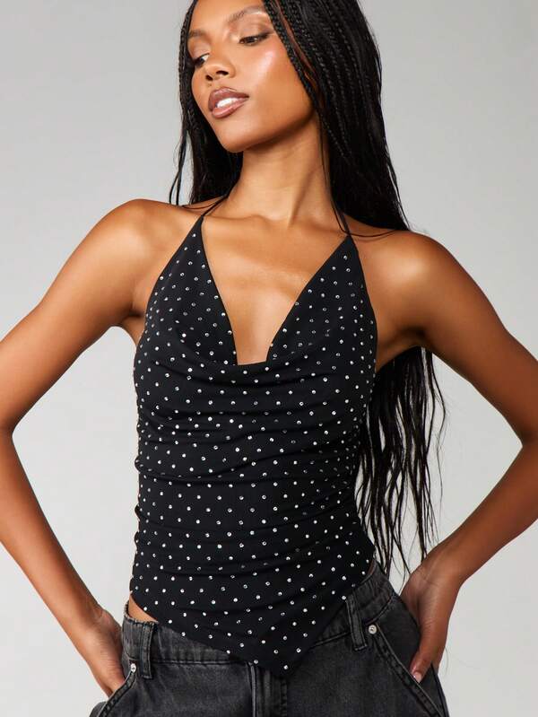 MISSGUIDED Hot Fix Mesh Halter Top With Polka Dots