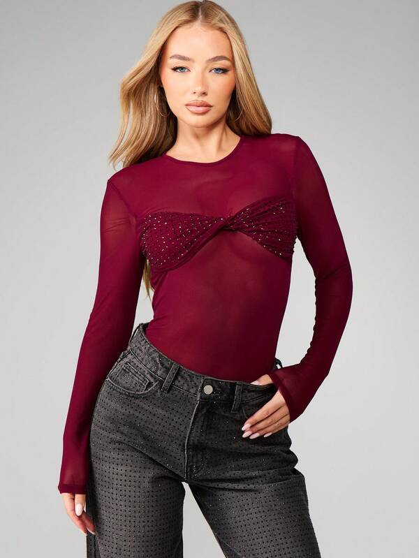 MISSGUIDED Hot Fix Rhinestone Twist Bodysuit