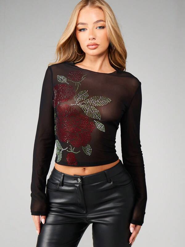 MISSGUIDED Hot Fix Rose Print Mesh Long Sleeve Top