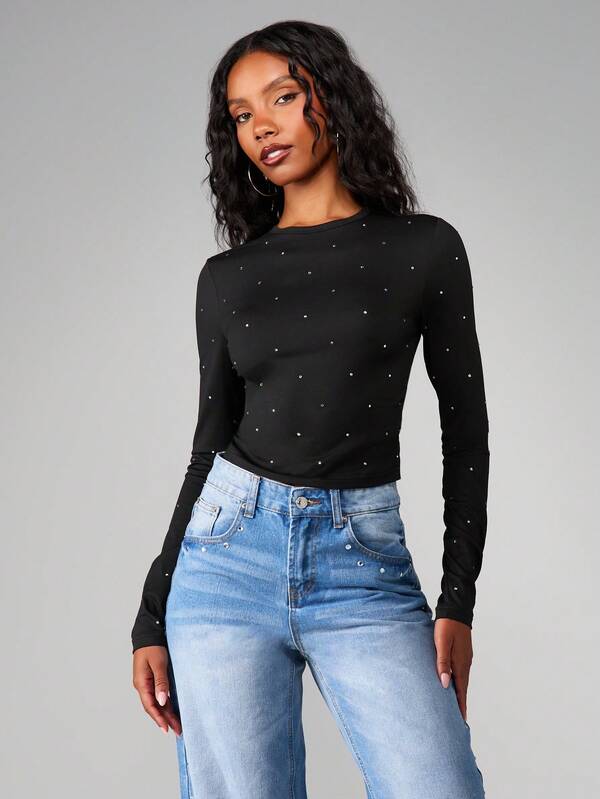 MISSGUIDED Hotfix Long Sleeve Crew Neck Tee