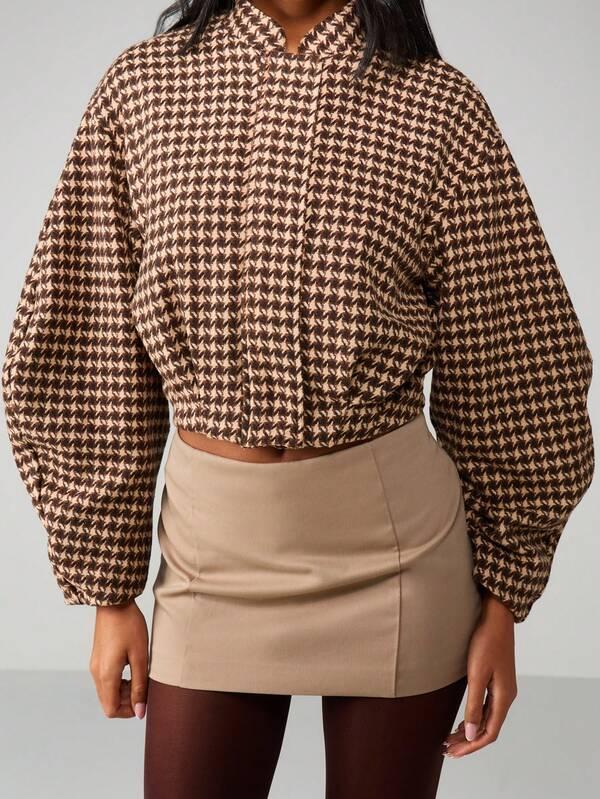 MISSGUIDED Houndstooth Pattern Cropped Jacket With Buttons