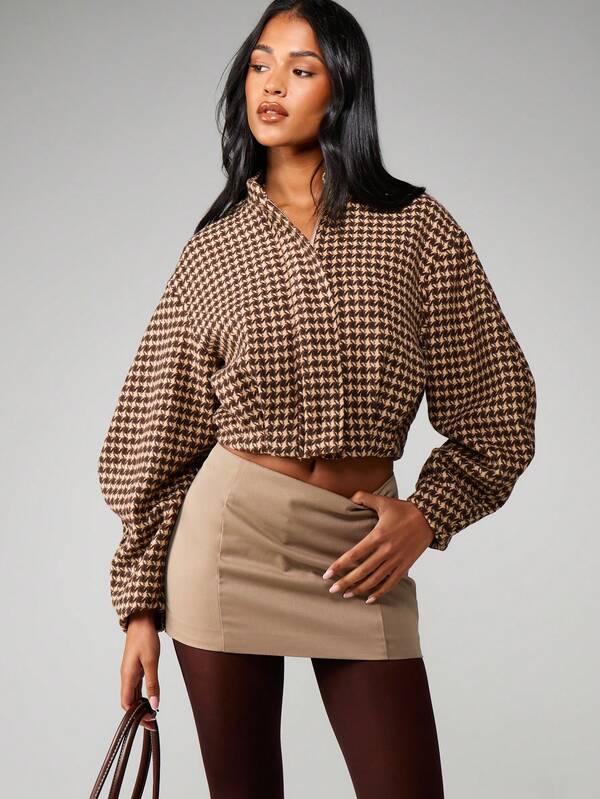 MISSGUIDED Houndstooth Pattern Cropped Jacket With Buttons