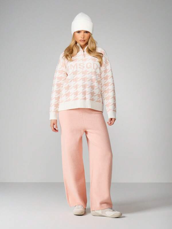 MISSGUIDED Houndstooth Quarter Zip Pullover With Ribbed Trim