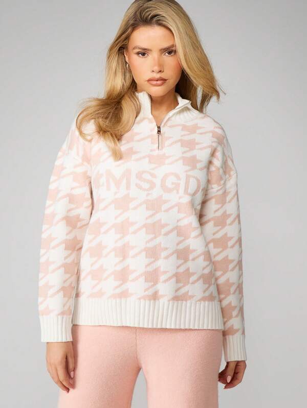 MISSGUIDED Houndstooth Quarter Zip Pullover With Ribbed Trim