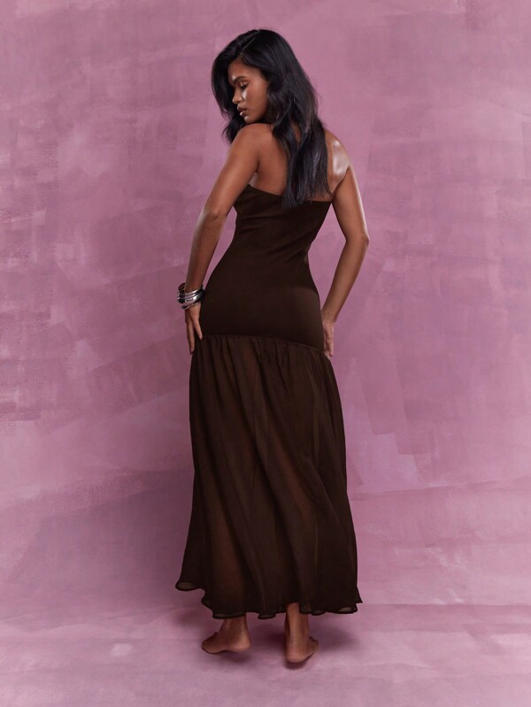 MISSGUIDED Jersey Bandeau Long Sheer Ruffle Hem Maxi Dress