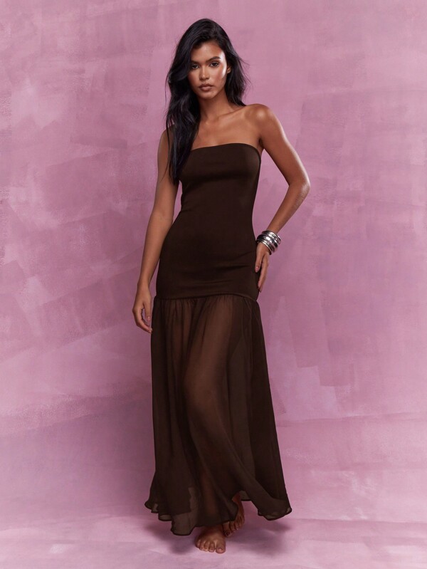 MISSGUIDED Jersey Bandeau Long Sheer Ruffle Hem Maxi Dress