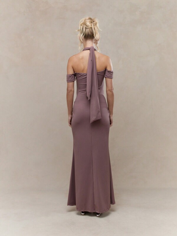 MISSGUIDED Jersey Halter Neck Knot Detailed Waist Bardot Maxi Dress