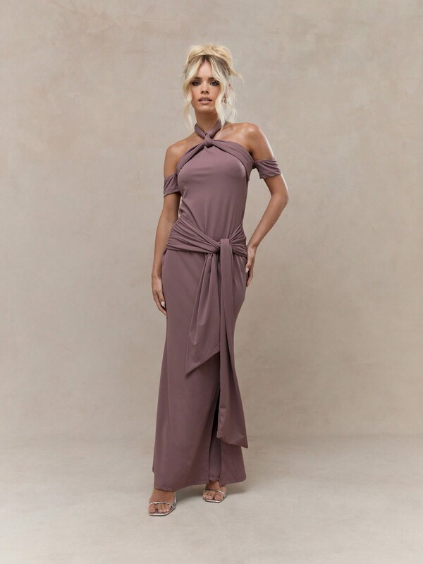 MISSGUIDED Jersey Halter Neck Knot Detailed Waist Bardot Maxi Dress