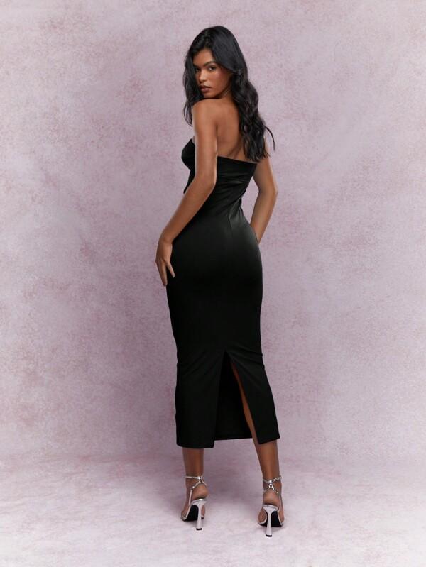 MISSGUIDED Jersey Twist Knot Bust Back Slit Hem Strapless Bandeau Midaxi Dress