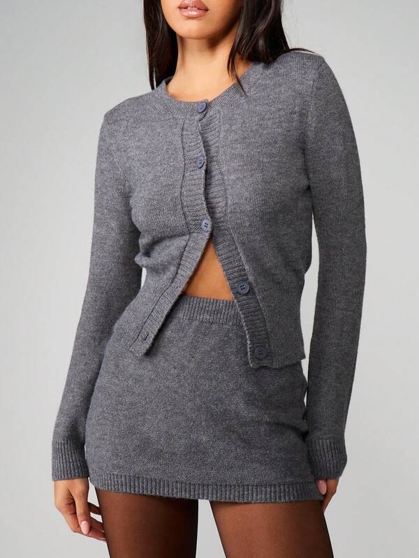 MISSGUIDED Knit Cardigan Mini Skirt Co-Ord Set