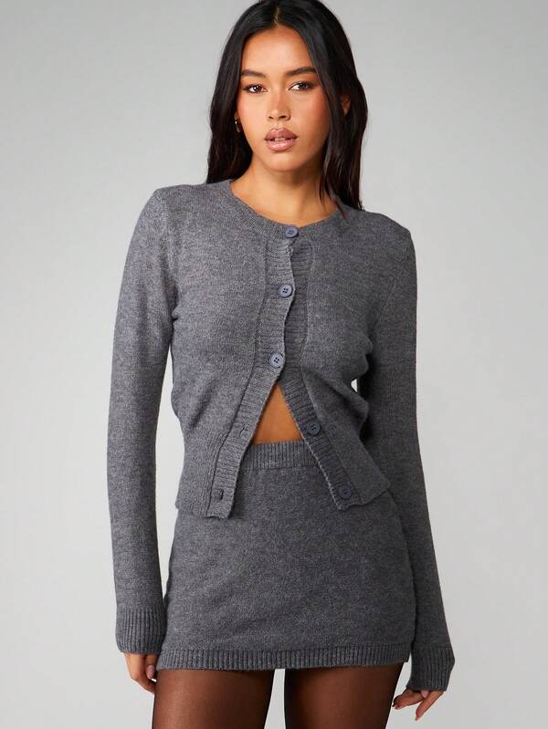 MISSGUIDED Knit Cardigan Mini Skirt Co-Ord Set