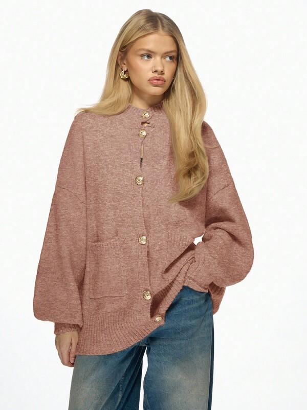 MISSGUIDED Knit Cardigan With Gold Buttons And Lantern Sleeves