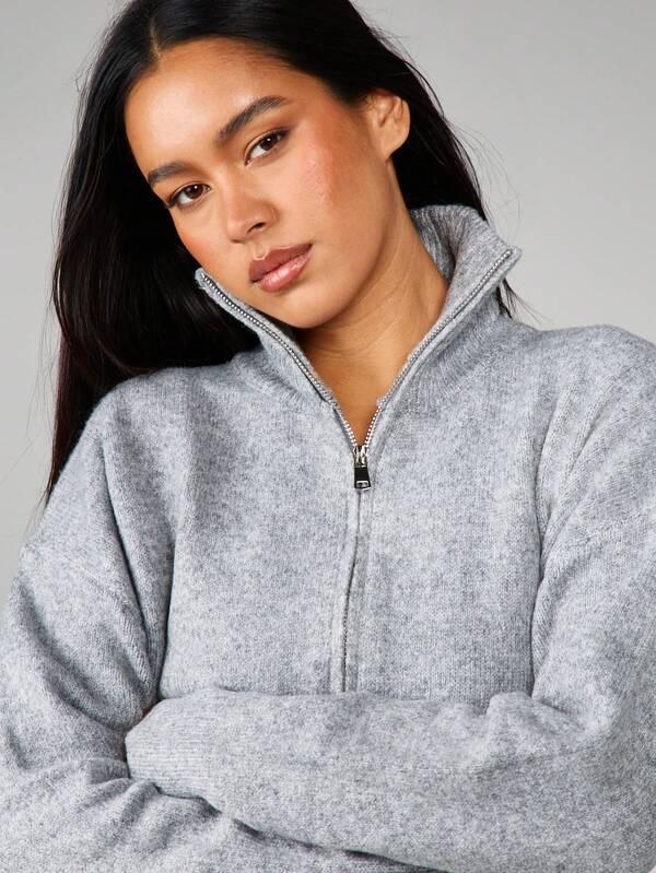 MISSGUIDED Knit Zip Up Cardigan With Ribbed Details