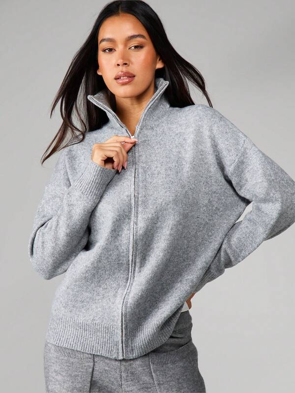 MISSGUIDED Knit Zip Up Cardigan With Ribbed Details