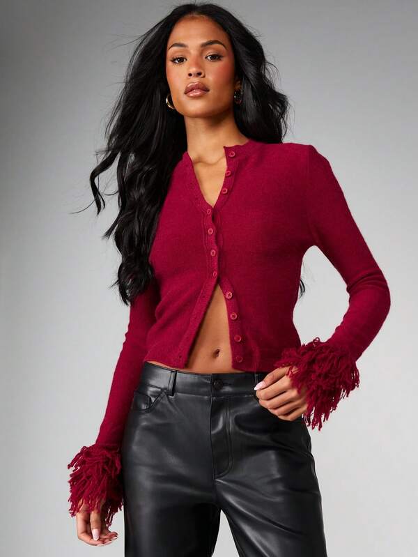 MISSGUIDED Knitted Cardigan With Fringe Cuff Detail