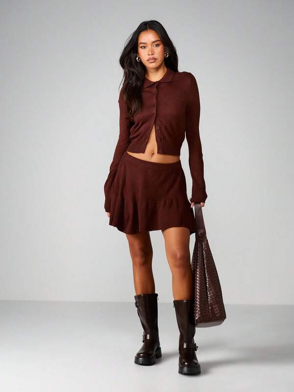 MISSGUIDED Knitted Co-Ord With Button Cardigan And Pleated Skirt