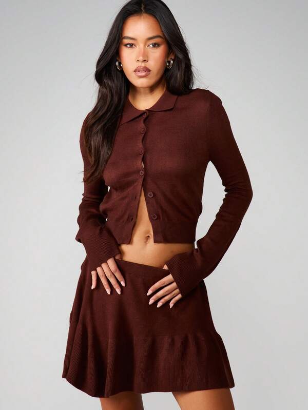 MISSGUIDED Knitted Co-Ord With Button Cardigan And Pleated Skirt