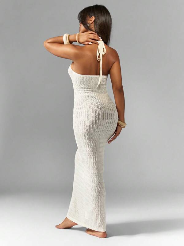 MISSGUIDED Knitted Macrame Knot Detail Halterneck Beach Maxi Dress