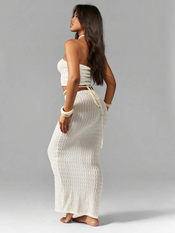 MISSGUIDED Knitted Macrame Knot Two-Piece Halterneck Top Maxi Skirt Set