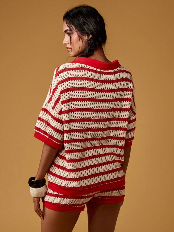 MISSGUIDED Knitted Retro Style Stripe Pattern Polo Shorts Two Piece Outfit