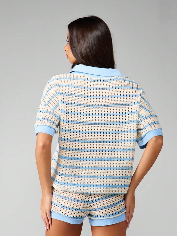 MISSGUIDED Knitted Striped Polo Top And Drawstring Shorts Set