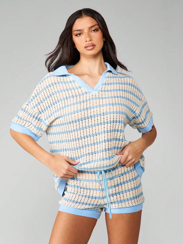 MISSGUIDED Knitted Striped Polo Top And Drawstring Shorts Set