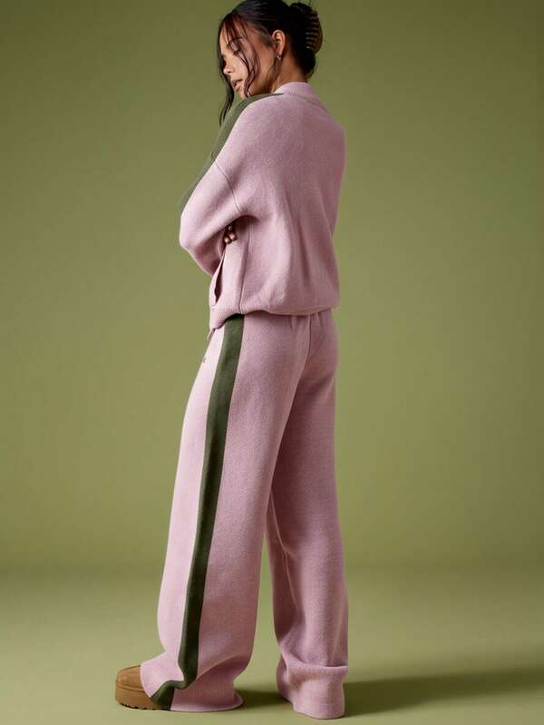 MISSGUIDED Knitted Wide Leg Pants With Green Stripes