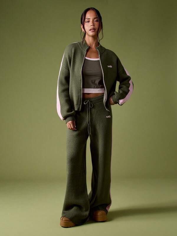MISSGUIDED Knitted Wide Leg Trouser With Embroidery And Stripe Detail For Winter Layering Cozy Casual Comfort