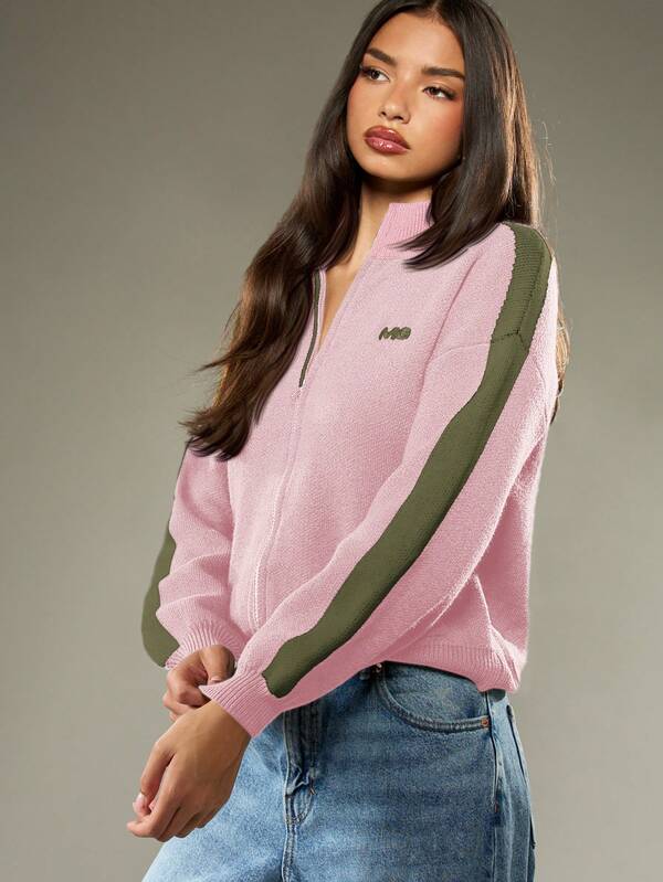 MISSGUIDED Knitted Zip Up Cardigan With Contrast Stripes
