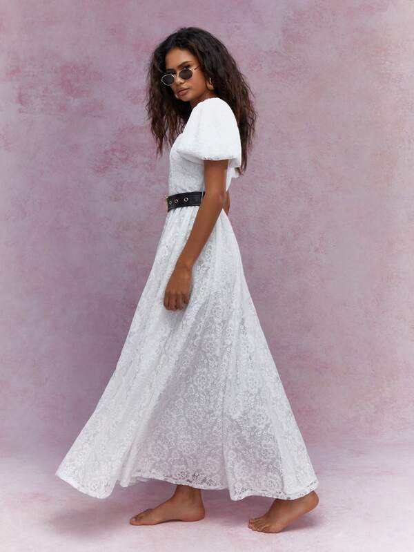 MISSGUIDED Lace Balloon Sleeves Square Neck Maxi Dress With Belt