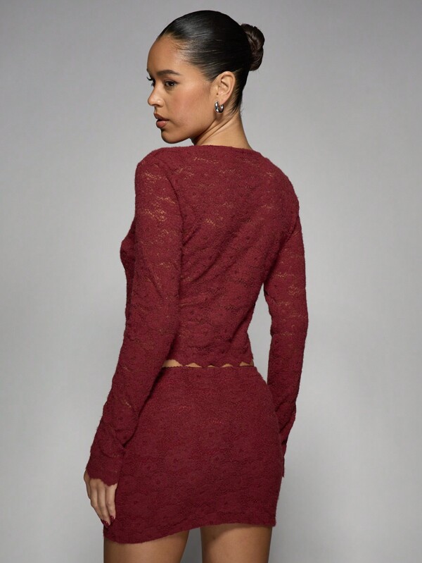 MISSGUIDED Lace Button-Front Cardigan Mini Skirt Two-Piece Set