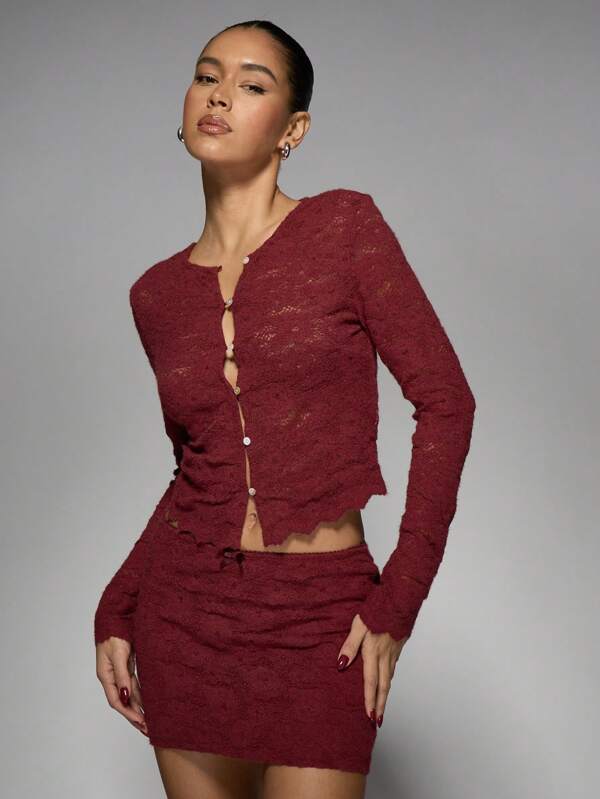 MISSGUIDED Lace Button-Front Cardigan Mini Skirt Two-Piece Set