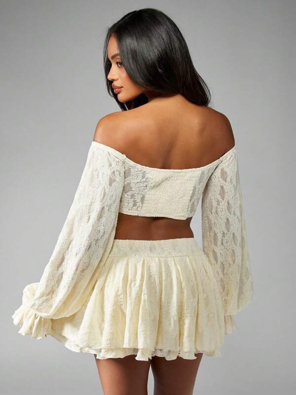 MISSGUIDED Lace Corset Bustier Bell Sleeve Top Layered Ruffle Mini Skirt Set
