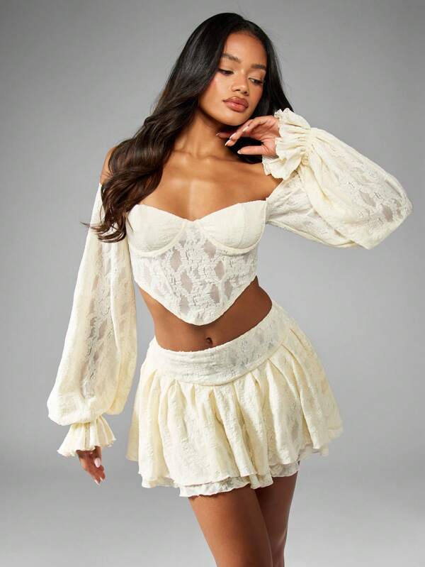 MISSGUIDED Lace Corset Bustier Bell Sleeve Top Layered Ruffle Mini Skirt Set
