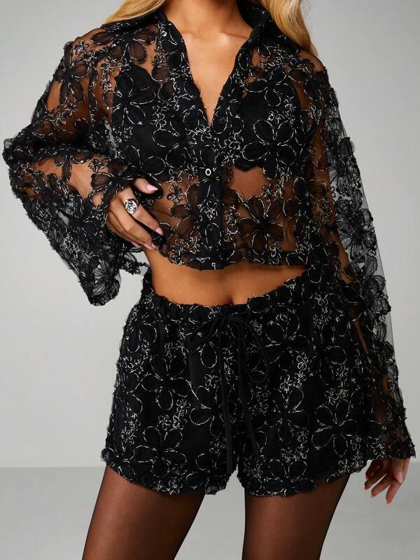 MISSGUIDED Lace Cropped Long Sleeve Button Front Coord Set