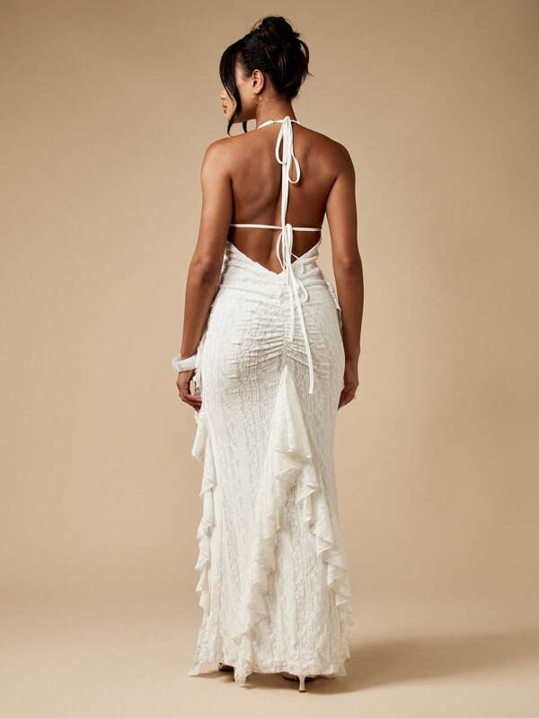 MISSGUIDED Lace Halter Maxi Dress With Plunging Neckline And Ruffles