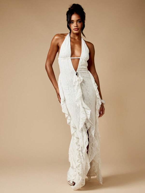 MISSGUIDED Lace Halter Maxi Dress With Plunging Neckline And Ruffles