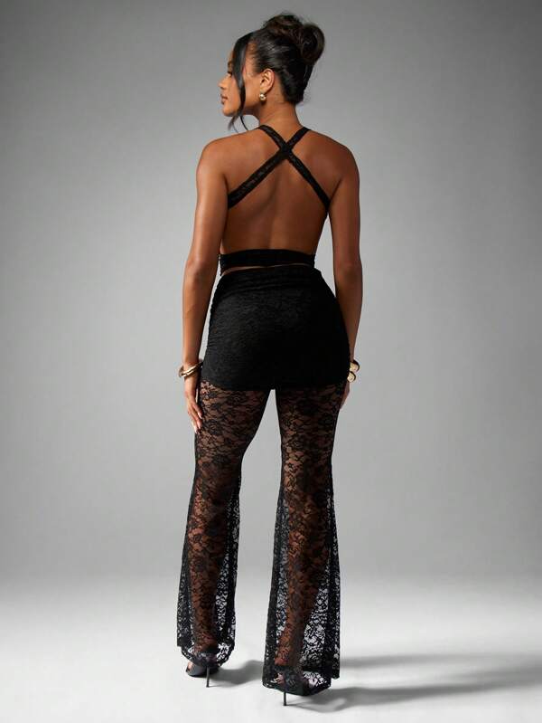 MISSGUIDED Lace Halter Neck Wrap Top With Flared Pants