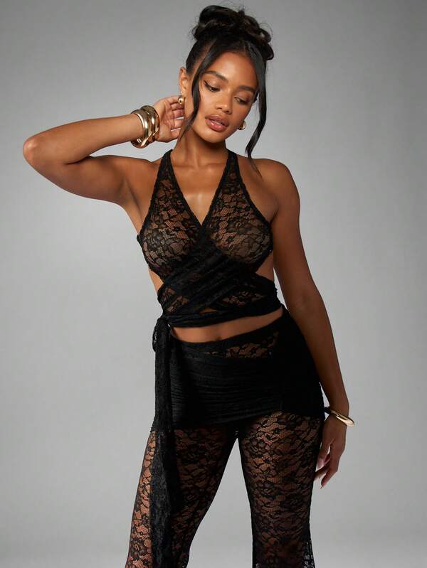 MISSGUIDED Lace Halter Neck Wrap Top With Flared Pants