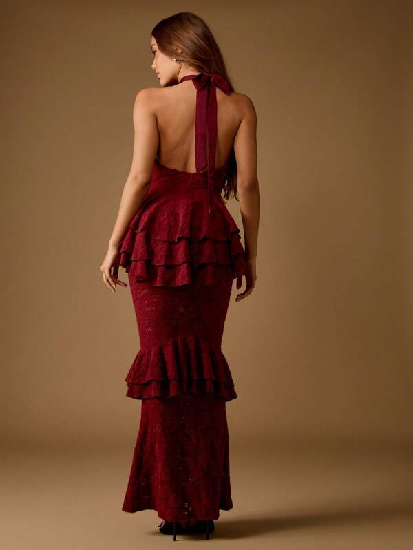 MISSGUIDED Lace Mermaid Gown With Halter Neck Tiered Ruffles