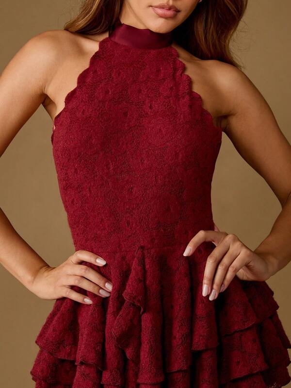 MISSGUIDED Lace Mermaid Gown With Halter Neck Tiered Ruffles