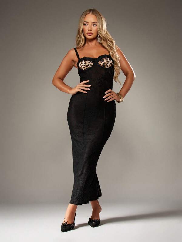 MISSGUIDED Lace Midaxi Dress With Leopard Print Bustier