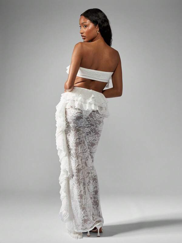 MISSGUIDED Lace Ruffle Bandeau Crop Top High Waist Maxi Skirt Outfit