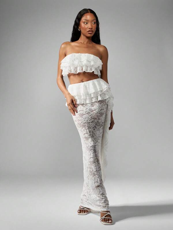 MISSGUIDED Lace Ruffle Bandeau Crop Top High Waist Maxi Skirt Outfit