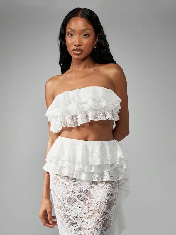 MISSGUIDED Lace Ruffle Bandeau Crop Top High Waist Maxi Skirt Outfit