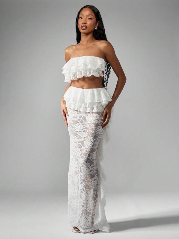 MISSGUIDED Lace Ruffle Bandeau Crop Top High Waist Maxi Skirt Outfit