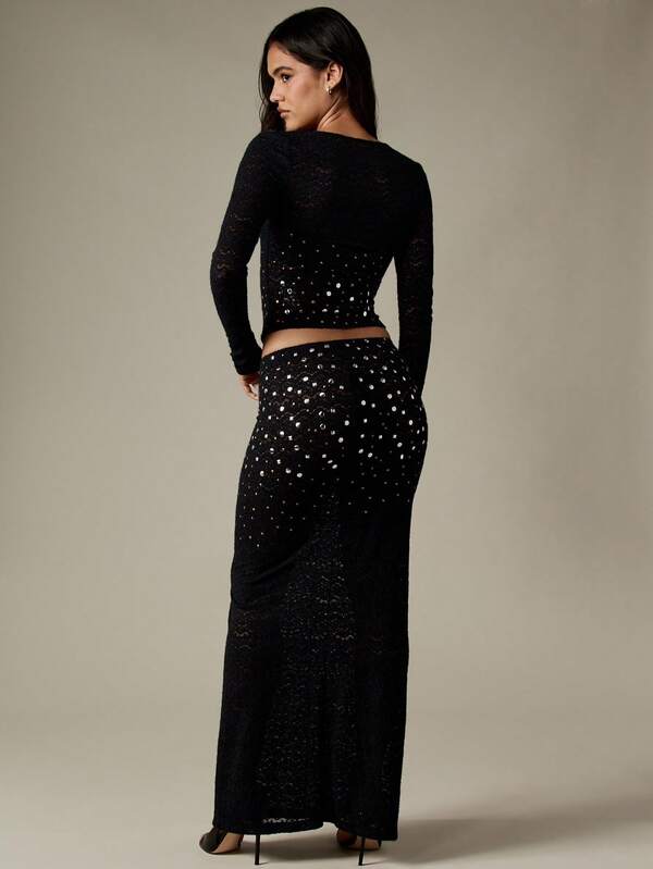 MISSGUIDED Lace Sequin Studded Crop Top And Maxi Skirt Set