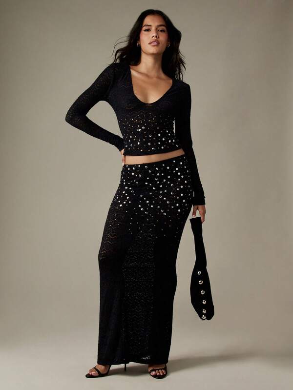 MISSGUIDED Lace Sequin Studded Crop Top And Maxi Skirt Set