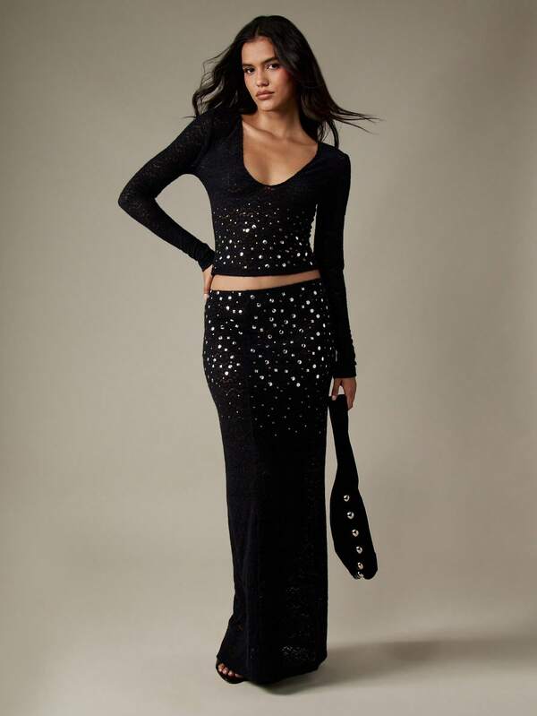 MISSGUIDED Lace Sequin Studded Crop Top And Maxi Skirt Set