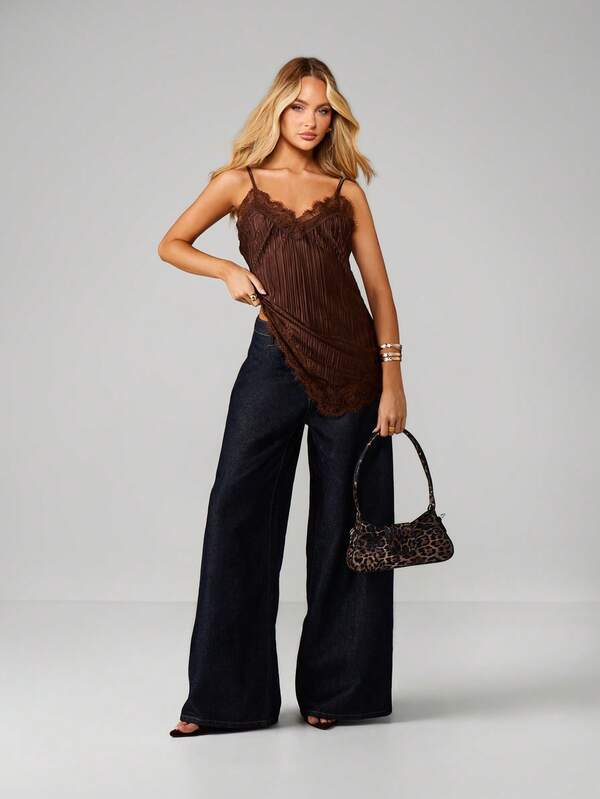MISSGUIDED Lace Trim Asymmetric Cami With Fringe